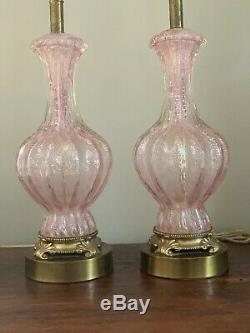 Vintage Pair Murano BAROVIER & TOSO Pink Silver Fleck Bedside Table Glass Lamps