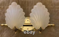 Vintage Pair Murano Frosted Glass Shell Form Wall Sconces Brass Art Deco Nouvea