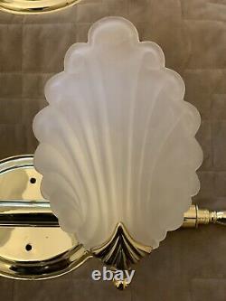 Vintage Pair Murano Frosted Glass Shell Form Wall Sconces Brass Art Deco Nouvea