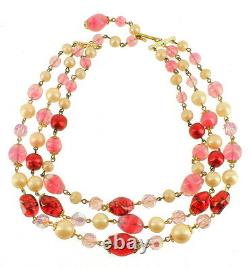 Vintage Pink Red Murano Glass Pink Swarovski Pearls Triple Strand Necklace 17