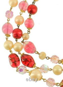 Vintage Pink Red Murano Glass Pink Swarovski Pearls Triple Strand Necklace 17