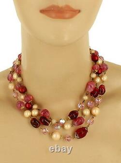 Vintage Pink Red Murano Glass Pink Swarovski Pearls Triple Strand Necklace 17