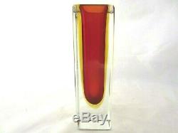 Vintage Poli Seguso Red & Amber SOMMERSO Murano faceted square glass vase