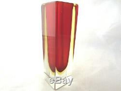 Vintage Poli Seguso Red & Amber SOMMERSO Murano faceted square glass vase