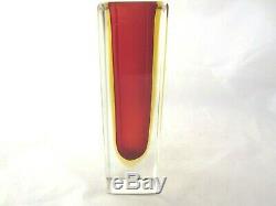 Vintage Poli Seguso Red & Amber SOMMERSO Murano faceted square glass vase