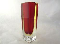 Vintage Poli Seguso Red & Amber SOMMERSO Murano faceted square glass vase