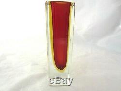 Vintage Poli Seguso Red & Amber SOMMERSO Murano faceted square glass vase