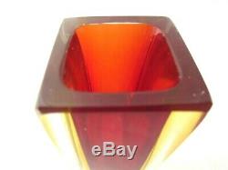 Vintage Poli Seguso Red & Amber SOMMERSO Murano faceted square glass vase