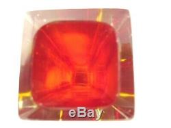 Vintage Poli Seguso Red & Amber SOMMERSO Murano faceted square glass vase