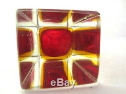 Vintage Poli Seguso Red & Amber SOMMERSO Murano faceted square glass vase