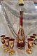 Vintage Red Murano Glass Decanter Hand Painted Gold Aperitif Glasses Italy