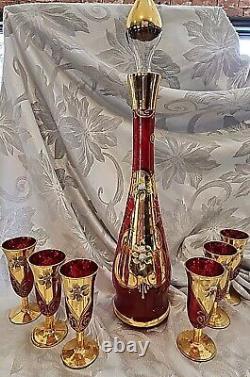 Vintage Red Murano Glass Decanter Hand Painted Gold Aperitif Glasses Italy