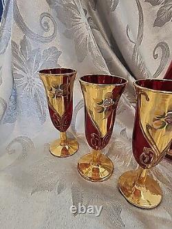 Vintage Red Murano Glass Decanter Hand Painted Gold Aperitif Glasses Italy