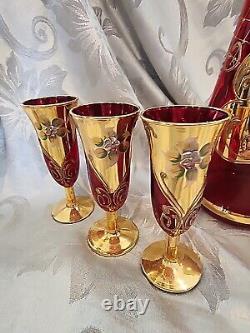 Vintage Red Murano Glass Decanter Hand Painted Gold Aperitif Glasses Italy