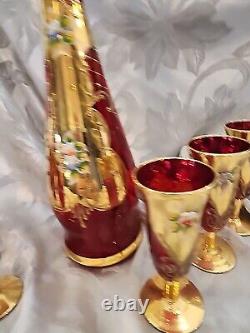 Vintage Red Murano Glass Decanter Hand Painted Gold Aperitif Glasses Italy