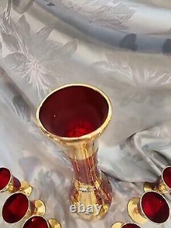 Vintage Red Murano Glass Decanter Hand Painted Gold Aperitif Glasses Italy