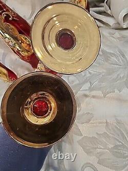 Vintage Red Murano Glass Decanter Hand Painted Gold Aperitif Glasses Italy