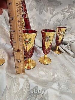 Vintage Red Murano Glass Decanter Hand Painted Gold Aperitif Glasses Italy