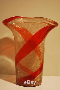 Vintage Red-Orange Banded Murano Art Glass Vase by Fratelli Toso, Published
