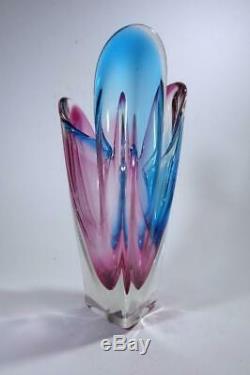 Vintage Retro Murano Art Glass Vase Cased Two Tone Blue Cranberry