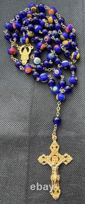 Vintage Rossetti Murano Glass Beads Rosary Italy Blue, Red, Orange, Gold 56.20g