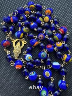Vintage Rossetti Murano Glass Beads Rosary Italy Blue, Red, Orange, Gold 56.20g
