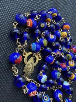Vintage Rossetti Murano Glass Beads Rosary Italy Blue, Red, Orange, Gold 56.20g