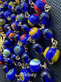 Vintage Rossetti Murano Glass Beads Rosary Italy Blue, Red, Orange, Gold 56.20g