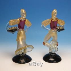 Vintage Salviati Murano Italian Art Glass Pair of Glass Figures Holding Trays