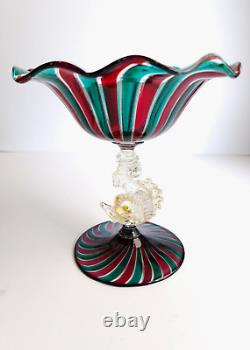 Vintage Salviati Venetian Murano Glass Dolphin Stem, Compote, Art Glass