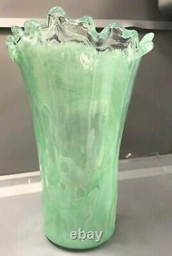 Vintage Sea Green Tall Large Lavorazione Murano Italy Hand Blown Glass Vase