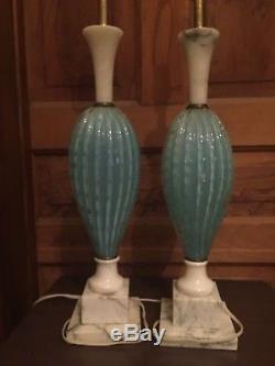 Vintage Seguso Aqua Blue Murano Glass and Italian Marble Table Lamps a Pair