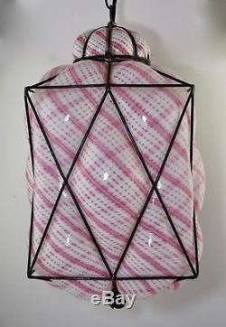 Vintage Seguso Murano Latticino Caged Glass Pendant Light Pink/white MID Century