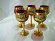 Vintage Set Of 5 Ruby Red Venetian Murano Hand Painted Wine Glass Goblets