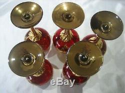Vintage Set Of 5 Ruby Red Venetian Murano Hand Painted Wine Glass Goblets