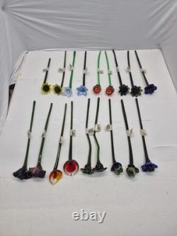 Vintage Set of 18-Murano Style Glass Long Stem Flowers Bouquet 12 Hand Blown