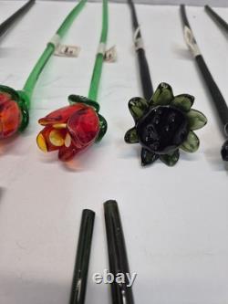 Vintage Set of 18-Murano Style Glass Long Stem Flowers Bouquet 12 Hand Blown