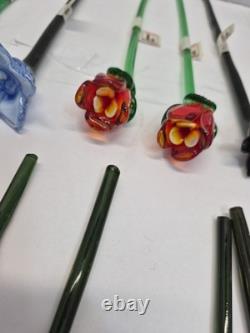 Vintage Set of 18-Murano Style Glass Long Stem Flowers Bouquet 12 Hand Blown
