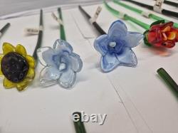 Vintage Set of 18-Murano Style Glass Long Stem Flowers Bouquet 12 Hand Blown