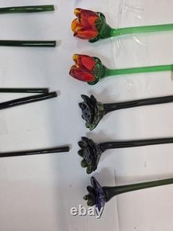 Vintage Set of 18-Murano Style Glass Long Stem Flowers Bouquet 12 Hand Blown