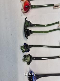 Vintage Set of 18-Murano Style Glass Long Stem Flowers Bouquet 12 Hand Blown