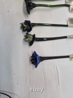 Vintage Set of 18-Murano Style Glass Long Stem Flowers Bouquet 12 Hand Blown