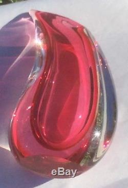 Vintage Signed Italian Murano Sommerso Art Glass Teardrop Cranberry Pink Vase