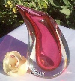 Vintage Signed Italian Murano Sommerso Art Glass Teardrop Cranberry Pink Vase