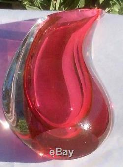 Vintage Signed Italian Murano Sommerso Art Glass Teardrop Cranberry Pink Vase