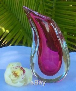 Vintage Signed Italian Murano Sommerso Art Glass Teardrop Cranberry Pink Vase