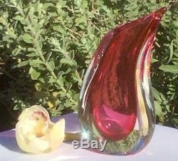 Vintage Signed Italian Murano Sommerso Art Glass Teardrop Cranberry Pink Vase