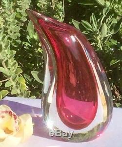 Vintage Signed Italian Murano Sommerso Art Glass Teardrop Cranberry Pink Vase