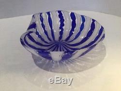 Vintage Signed Venini Murano Art Glass Latticino Blue & White Bowl Candy Dish