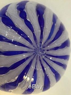 Vintage Signed Venini Murano Art Glass Latticino Blue & White Bowl Candy Dish